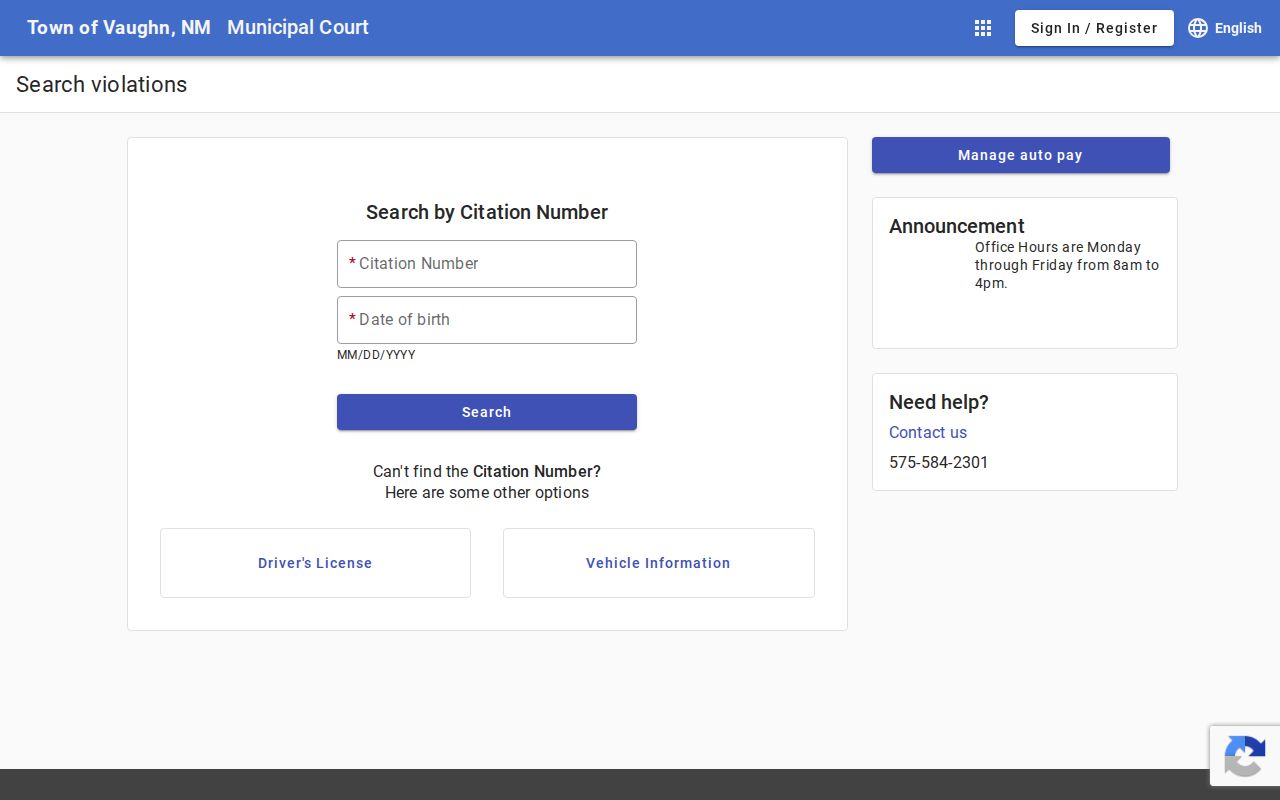 Vaughn Municipal Court citation search portal