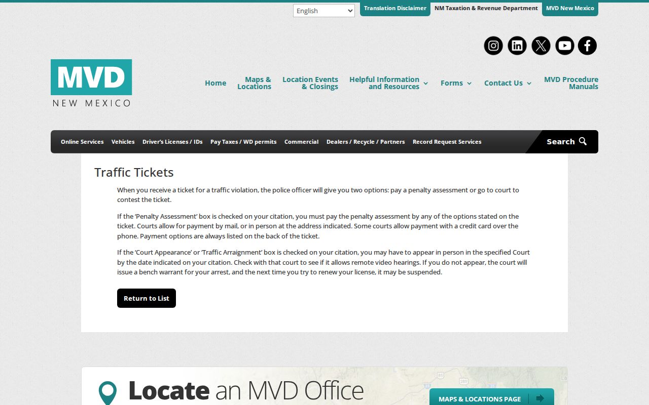 New Mexico Motor Vehicle Division traffic ticket notice